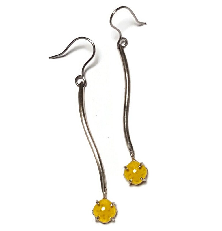 Yellow glass earrings. Handmade long dangles. Unique pieces