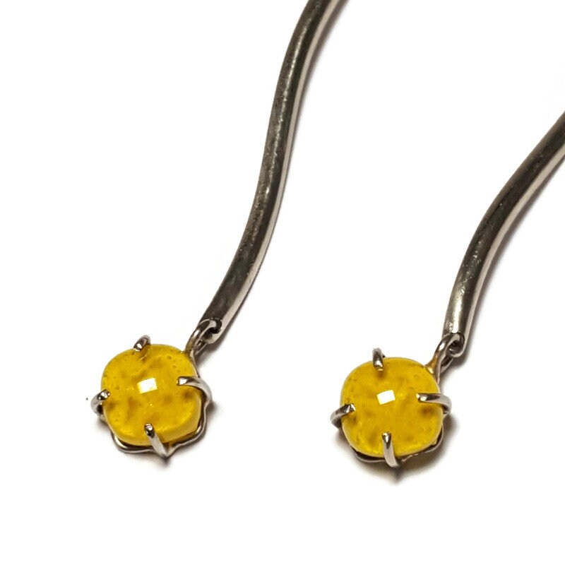 Yellow glass earrings. Handmade long dangles. Unique pieces