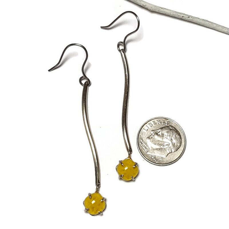 Yellow glass earrings. Handmade long dangles. Unique pieces