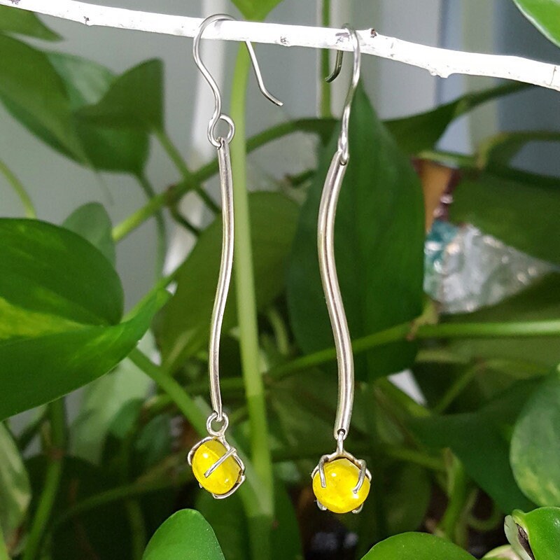 Yellow glass earrings. Handmade long dangles. Unique pieces