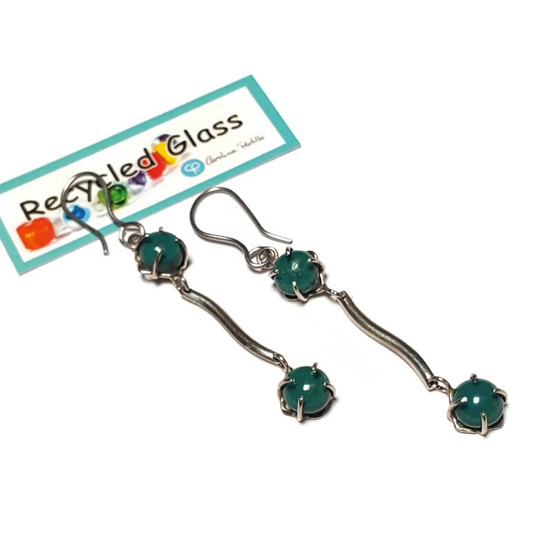 TEAL One of a kind Recycled Glass Dangle earrings. Handmade fused glass dangle earrings. Dainty glass drop. Unique pieces