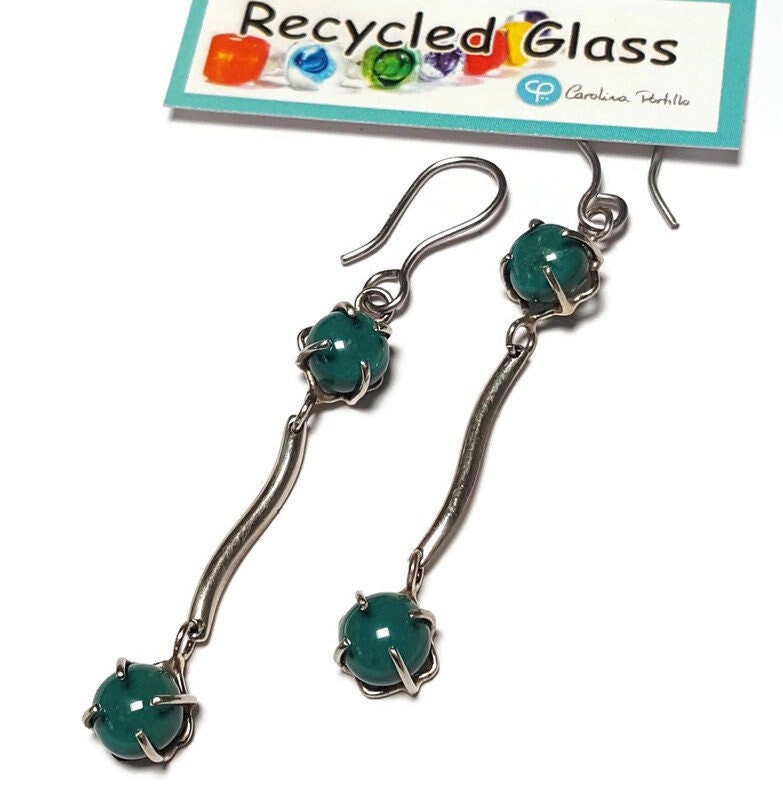 TEAL One of a kind Recycled Glass Dangle earrings. Handmade fused glass dangle earrings. Dainty glass drop. Unique pieces