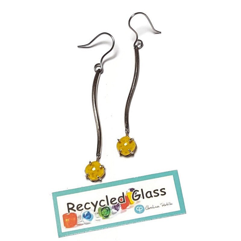 Yellow glass earrings. Handmade long dangles. Unique pieces