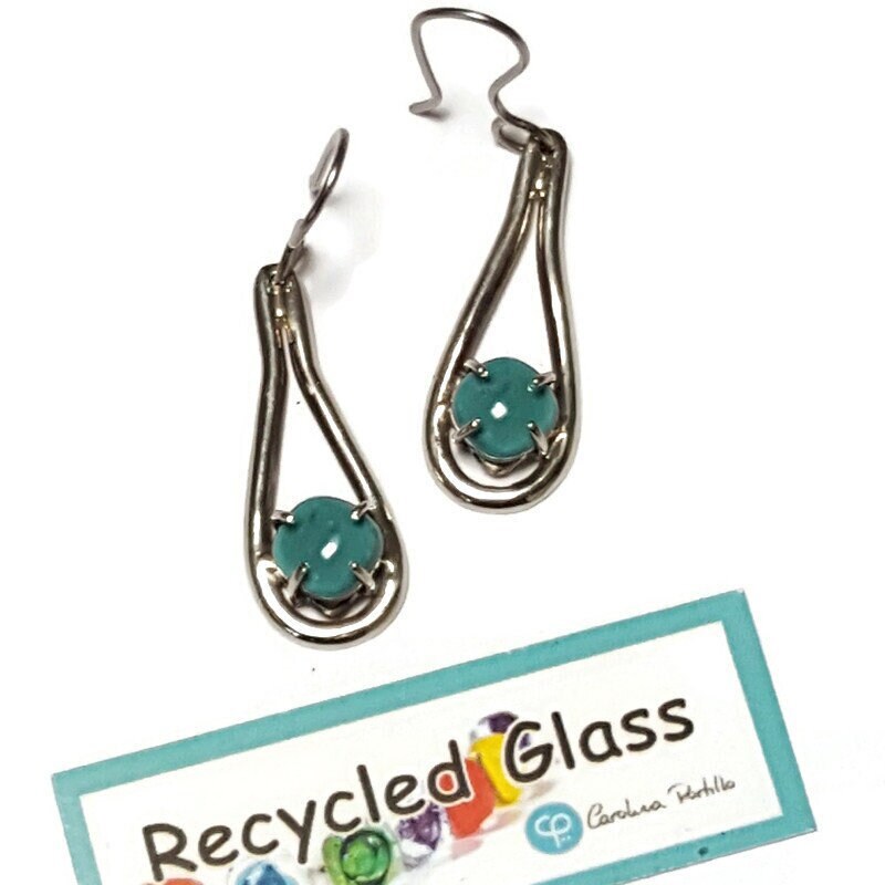 light teal color. One of a kind Recycled Glass Dangle earrings. Handmade fused glass dangle earrings. Dainty glass drop. Unique pieces