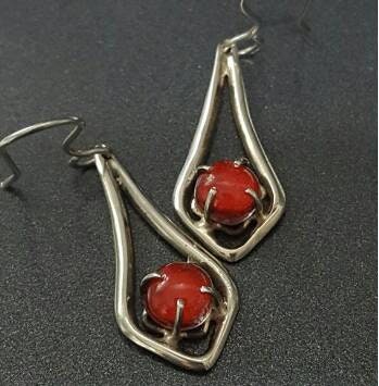 Red One of a kind Recycled Glass Dangle earrings. Handmade fused glass dangle earrings. Dainty glass drop. Unique pieces