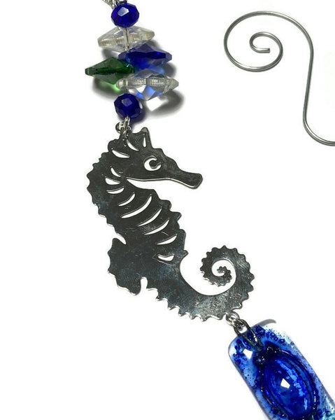 Seahorse hanging decoration. Hand made fused glass ornament. Colorful home decor. Beach
