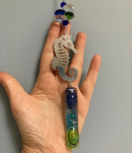 Seahorse hanging decoration. Hand made fused glass ornament. Colorful home decor. Beach
