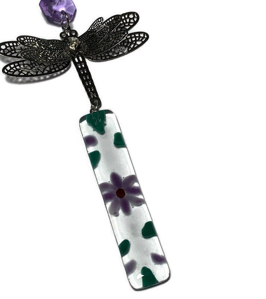 Dragonfly hanging decoration. Handmade fused glass ornament. Colorful home decor.