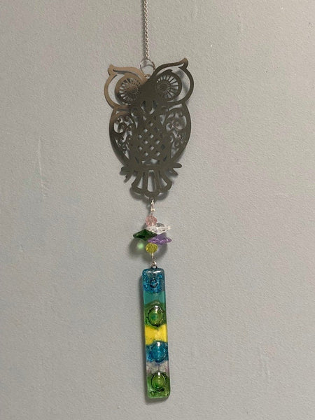 Owl hanging decoration. Hand made fused glass ornament. Colorful home decor.
