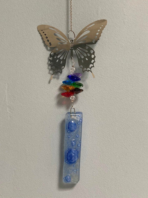 Butterfly hanging decoration. Hand made fused glass ornament. Colorful gift.