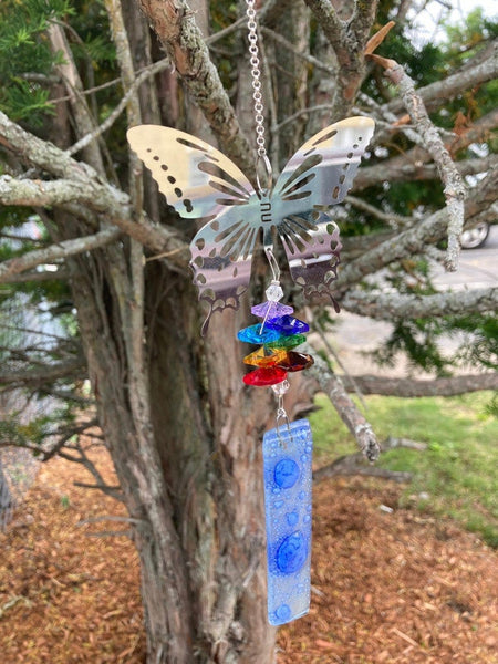 Butterfly hanging decoration. Hand made fused glass ornament. Colorful gift.