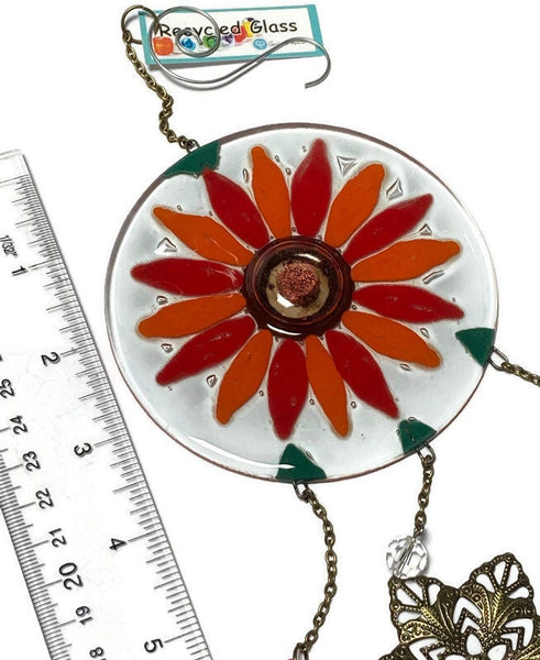 Red flower Hand painted Recycled Glass hanging decoration. Handmade fused glass ornament. Colorful home decor.