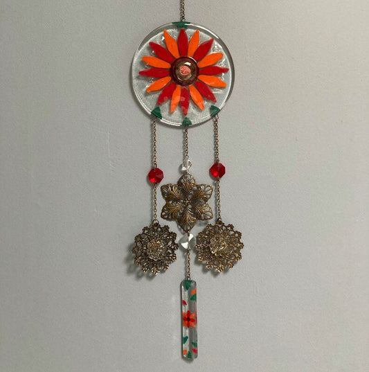 Red flower Hand painted Recycled Glass hanging decoration. Handmade fused glass ornament. Colorful home decor.