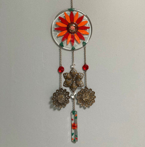 Red flower Hand painted Recycled Glass hanging decoration. Handmade fused glass ornament. Colorful home decor.