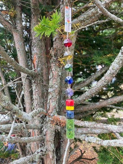 Fun hanging decoration. Hand made fused glass ornament. Colorful home decor.