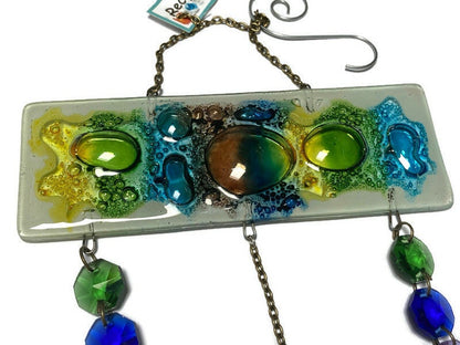 Hand painted Recycled Glass hanging decoration. Handmade fused glass ornament. Colorful home decor.