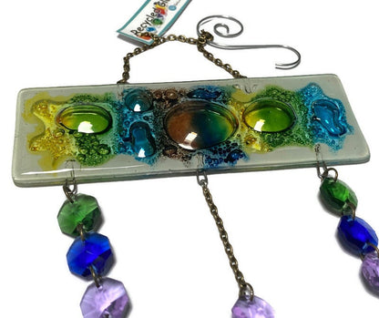 Hand painted Recycled Glass hanging decoration. Handmade fused glass ornament. Colorful home decor.
