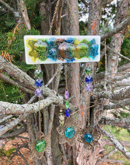 Hand painted Recycled Glass hanging decoration. Handmade fused glass ornament. Colorful home decor.