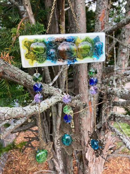 Hand painted Recycled Glass hanging decoration. Handmade fused glass ornament. Colorful home decor.