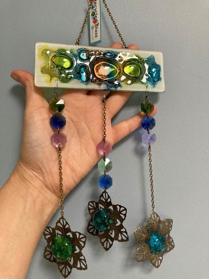 Hand painted Recycled Glass hanging decoration. Handmade fused glass ornament. Colorful home decor.