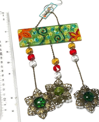 Green Hand painted Recycled Glass hanging decoration. Handmade fused glass ornament. Colorful home decor.