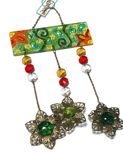 Green Hand painted Recycled Glass hanging decoration. Handmade fused glass ornament. Colorful home decor.