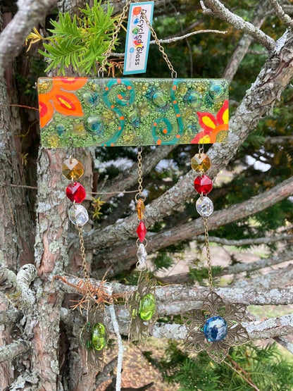 Green Hand painted Recycled Glass hanging decoration. Handmade fused glass ornament. Colorful home decor.