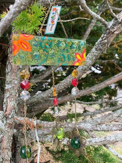 Green Hand painted Recycled Glass hanging decoration. Handmade fused glass ornament. Colorful home decor.