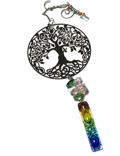 Tree of Life hanging decoration. Handmade fused glass ornament. Colorful home decor.