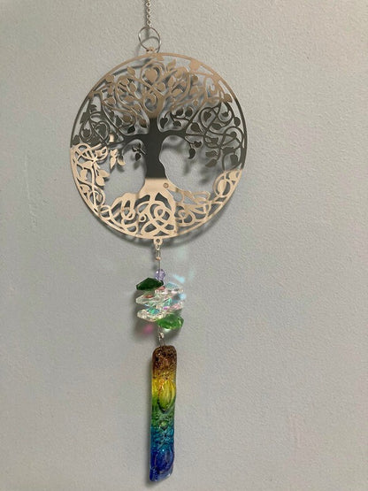 Tree of Life hanging decoration. Handmade fused glass ornament. Colorful home decor.