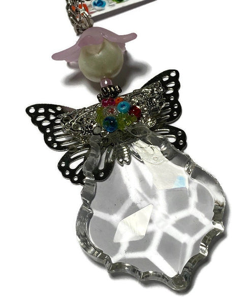 Angel decoration. Lady of spring recycled chandelier, pendalogues hanging on ornament. Butterfly ornament hand made gift