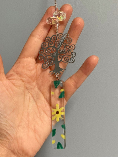Small and dainty Tree of Life hanging decoration. Handmade fused glass ornament. Colorful home decor.