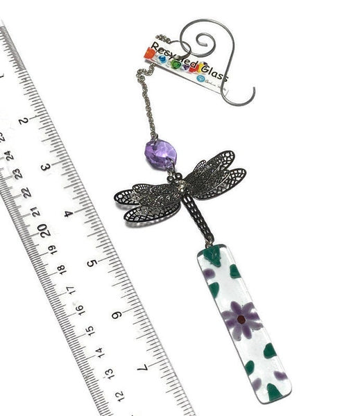 Dragonfly hanging decoration. Handmade fused glass ornament. Colorful home decor.