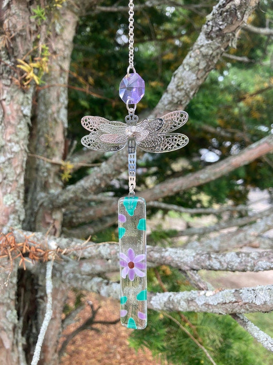 Dragonfly hanging decoration. Handmade fused glass ornament. Colorful home decor.