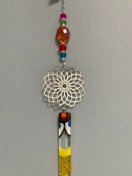 Mandala hanging decoration. Hand made fused glass ornament. Colorful gift. Colorful