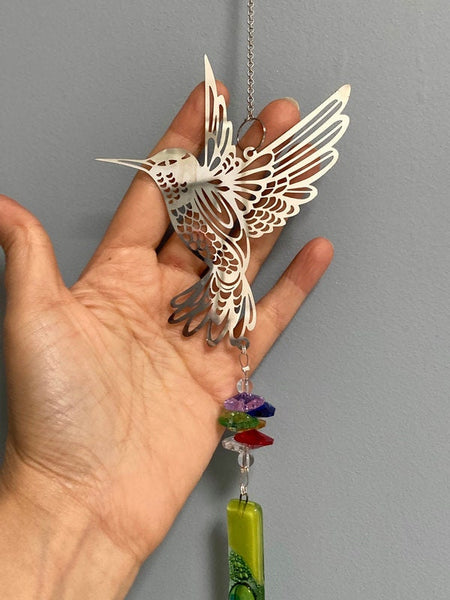 Hummingbird hanging decoration. Hand made fused glass ornament. Colorful gift. Colorful