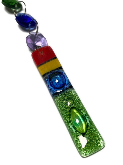 Fun hanging decoration. Hand made fused glass ornament. Colorful home decor.