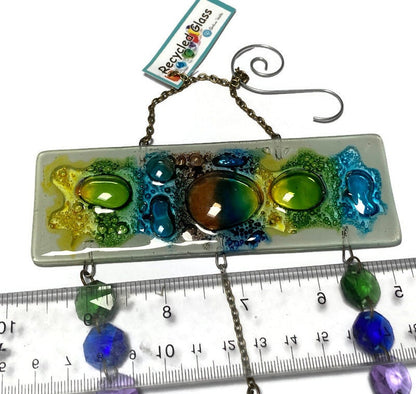 Hand painted Recycled Glass hanging decoration. Handmade fused glass ornament. Colorful home decor.