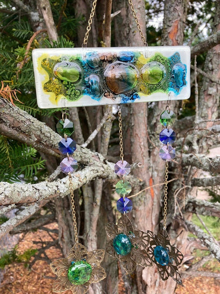 Hand painted Recycled Glass hanging decoration. Handmade fused glass ornament. Colorful home decor.