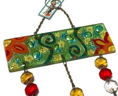 Green Hand painted Recycled Glass hanging decoration. Handmade fused glass ornament. Colorful home decor.