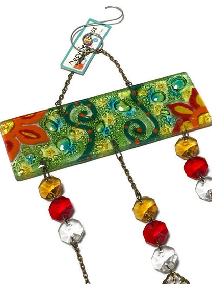 Green Hand painted Recycled Glass hanging decoration. Handmade fused glass ornament. Colorful home decor.