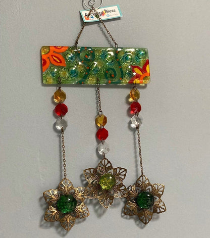 Green Hand painted Recycled Glass hanging decoration. Handmade fused glass ornament. Colorful home decor.