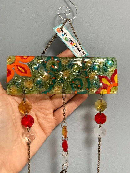 Green Hand painted Recycled Glass hanging decoration. Handmade fused glass ornament. Colorful home decor.