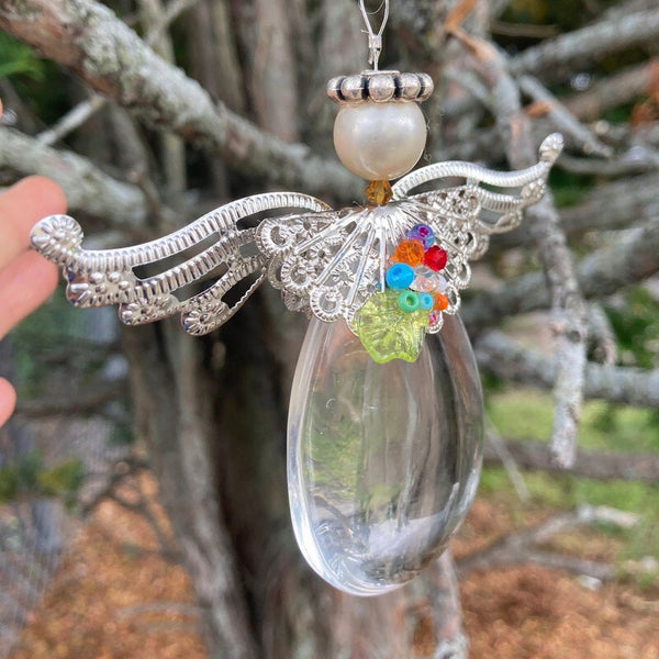 Angel decoration. Repurposed chandelier, chandelier, pendalogues hanging on ornament. Butterfly ornament hand made gift suncatcher