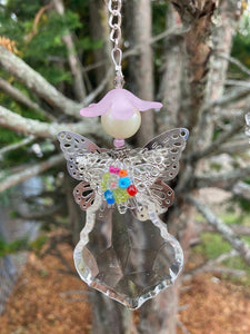 Angel decoration. Lady of spring recycled chandelier, pendalogues hanging on ornament. Butterfly ornament hand made gift