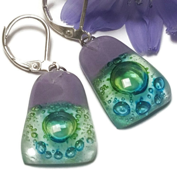 Fused Glass dangle Earring. Lilac and Green Handmade Drop Earrings. PLEASE CHOOSE HOOK WIRE