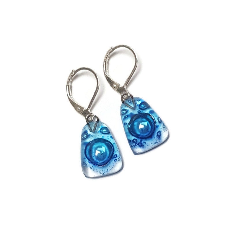 Leverback hook Dangle blue earrings . CHOOSE WIRE HOOK, handmade Long Earrings Recycled fused glass beads. Handcrafted. Casual Colorful earrings. Best gift for her. Bubbles