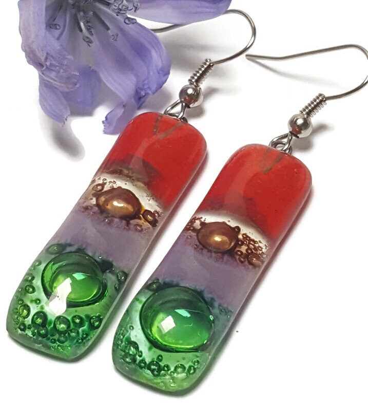 Recycled Fused Glass Drop  Earrings. Red, green, lilac and  brown Dangle Earrings.PLEASE CHOOSE WIRE HOOK