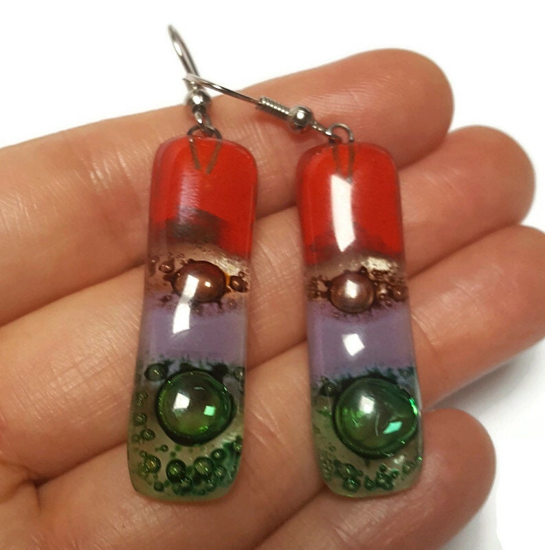 Recycled Fused Glass Drop  Earrings. Red, green, lilac and  brown Dangle Earrings.PLEASE CHOOSE WIRE HOOK