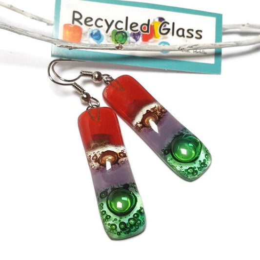 Recycled Fused Glass Drop  Earrings. Red, green, lilac and  brown Dangle Earrings.PLEASE CHOOSE WIRE HOOK